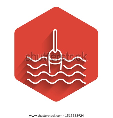 White line Fishing float in water icon isolated with long shadow. Fishing tackle. Red hexagon button. Vector Illustration