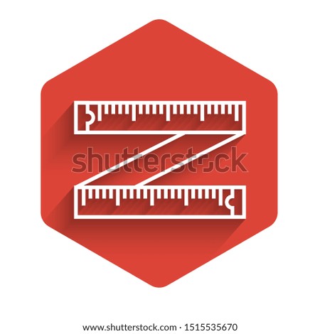 White line Tape measure icon isolated with long shadow. Measuring tape. Red hexagon button. Vector Illustration