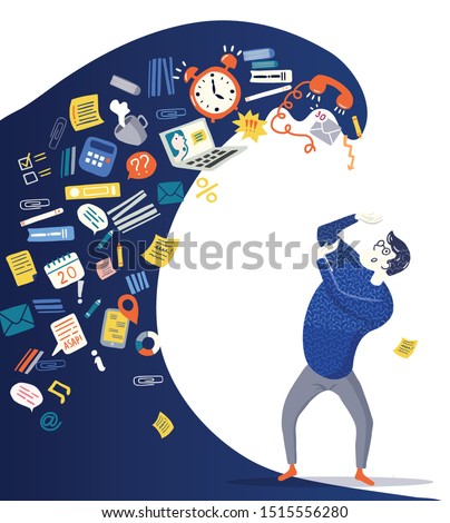 Concept of Information Overload, Digital hygiene, Stress. Overwhelmed person running away from the information stream wave pursuing him. Vector illustration in flat style.  Royalty-Free Stock Photo #1515556280