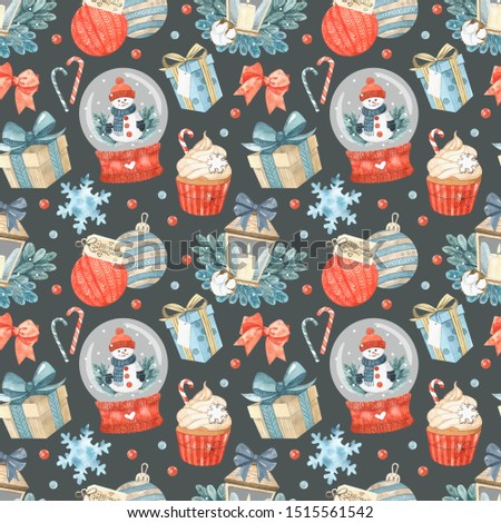 Watercolor seamless pattern with snow globe, candlestick, gifts, Christmas balls. Christmas seamless pattern for cards, wrapping paper, invitations and other purposes.