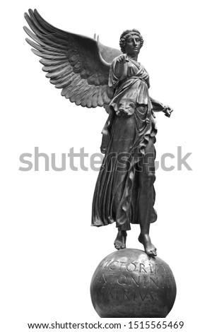 Bronze statue of a Winged Victory. Frontal view of a Statue of the goddess Nike, isolated on white background by clipping path Royalty-Free Stock Photo #1515565469