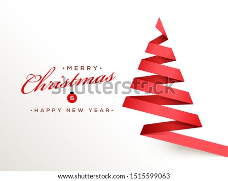 Merry Christmas & Happy New Year celebration greeting card design with xmas tree made by red ribbon on white background. Royalty-Free Stock Photo #1515599063