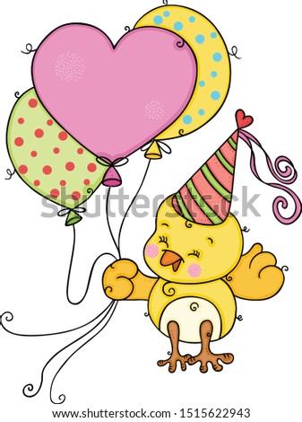 Birthday yellow bird holding balloons
