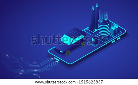 Isometric electrical car or EV modern vehicle with city on smartphone. Future energy and innovation transportation concept. Vector illustration design. Royalty-Free Stock Photo #1515623837