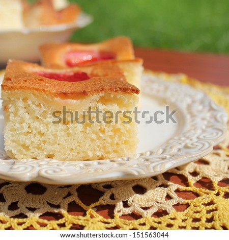 Slice of fresh plums cake 