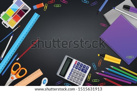 School stationery realistic composition with top view of table with empty space surrounded by office materials vector illustration