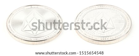 Face and back side of the crypto currency, silver EOS isolated on white background. High resolution photo. Full depth of field.