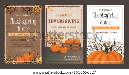 Set Thanksgiving greeting cards and invitations with pumpkin. Vector Illustration Royalty-Free Stock Photo #1515656327