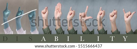 Banner of beautiful woman's hand doing sign languages of the word disability to empower, encourage and support disabled people. Royalty-Free Stock Photo #1515666437