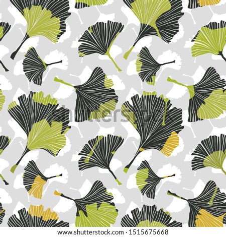 Ginkgo biloba leaf tablecloth seamless pattern. Silhouette of ginkgo leaves with white veinlets. Isolated vector illustration. Nature design.