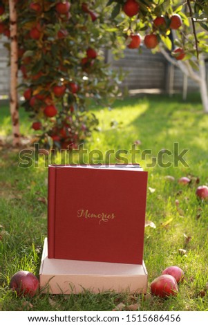 marsala color photo album with gold embossed. Photo album red near red apples. girl is holding  nice great album of memories. marsal photo . apple tree in autumn. big red apples