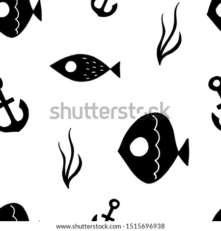 Seamless simple pattern with cute cartoon fish, algae, anchor. isolated. vector. hand drawing. Marine theme. Design can be used for fabric, wrapping, print, textile.