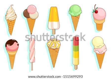 Set of colorful tasty isolated ice cream at a white background. Illustration.