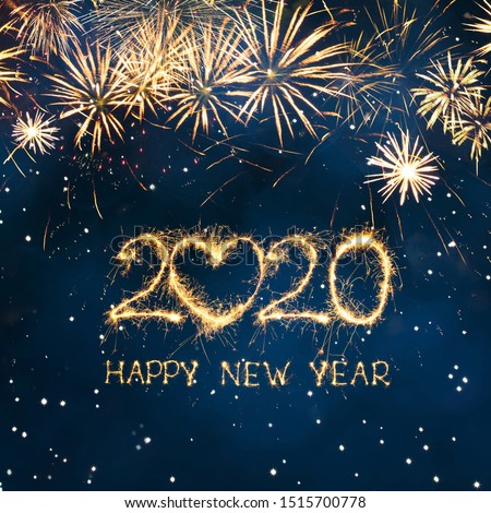Greeting card Happy New Year 2020. Beautiful Square holiday web banner or billboard with Golden sparkling text Happy New Year 2020 written sparklers on festive blue background. Royalty-Free Stock Photo #1515700778