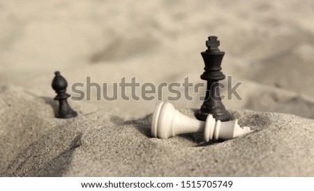 groups of various chess pieces on the sand in nature