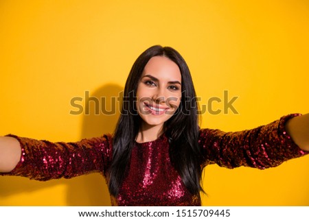 Self-portrait of her she nice-looking attractive lovely charming gorgeous glamorous cheerful cheery girl enjoying leisure isolated on bright vivid shine vibrant yellow color background