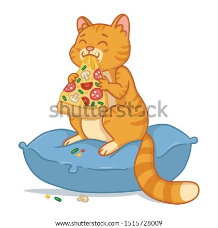Cat with a pizza slice in the mouth vector illustration. Kitty sit on the pillow and eating pizza. 