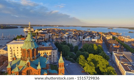 Aerial view of Helsinki at summer sunset, Finland. Panoramic cityscape with Uspensky Cathedral.