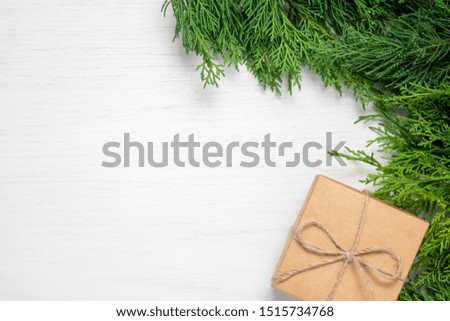 Paper gift box tied with twine on a white wooden background in a frame of fir branches. Gift Card Concept.