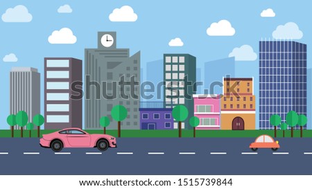 2D Vector Cityscape Roads clock and Cars. This is a flat illustration with beautiful buildings, trees and clouds. This can give an energy to your project!
