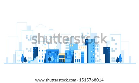 Urban landscape. City skyline. Cityscape background with road and cars vector illustration Royalty-Free Stock Photo #1515768014