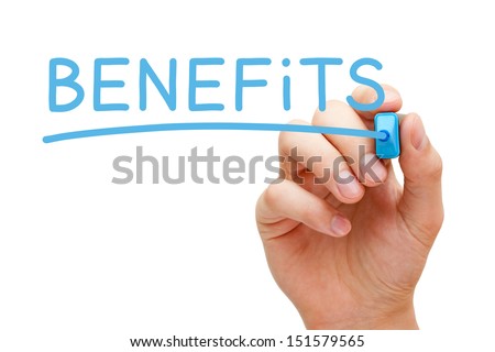 Hand writing Benefits with blue marker on transparent wipe board. Royalty-Free Stock Photo #151579565