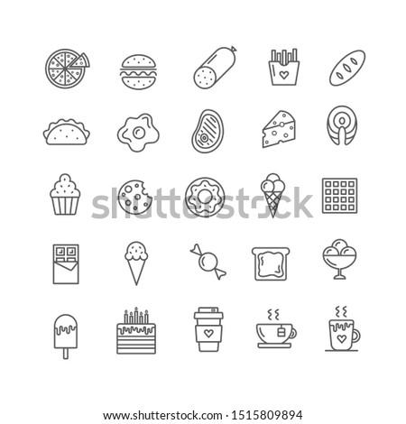 Fast food vector icons isolated on white background. Outline style flat labels. Coffee and sweets icons. 