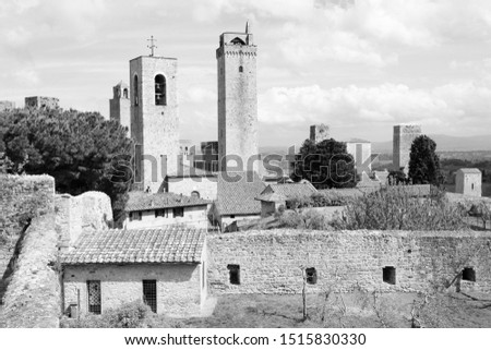 Towers of San Gimignano, Italy. UNESCO World Heritage Site. Black and white retro style.