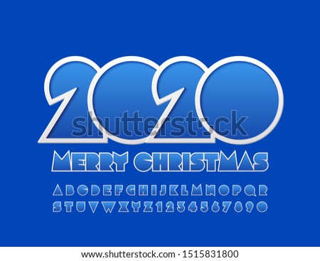Vector stylish greeting card Merry Christmas 2020. Bright Blue and White Alphabet Letters and Numbers. Modern Uppercase Font