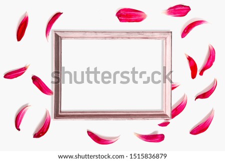frame with red wild rose petals on a white background.