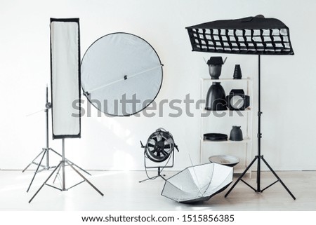 Photo studio accessories photographer flash white room