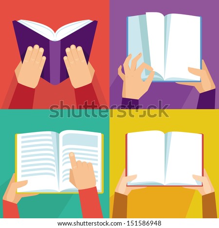 Vector set of hand holding books - icons in flat retro style