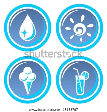 Icon set with four cartoon blue summer symbols.