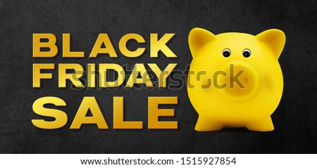 Black Friday sale golden text write on black gift card with piggy bank