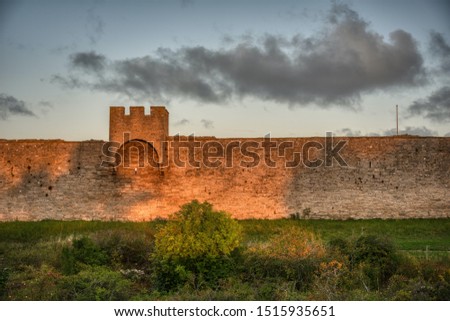 Visby city defense wall in low golden morning light with foliage in foreground and interesting clouds.