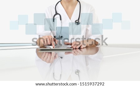 hands of doctor woman touch digital tablet at office desk with empty icons, copy space isolated on white background