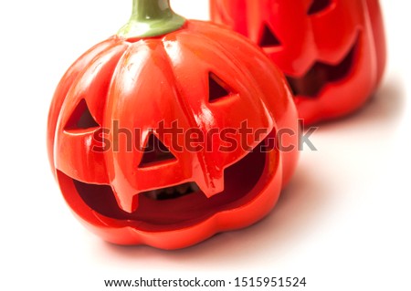 Closeup of decorative pumpkins for halloween on white background