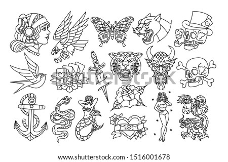 Vector Set Of Old School Tattoo Designs Royalty-Free Stock Photo #1516001678