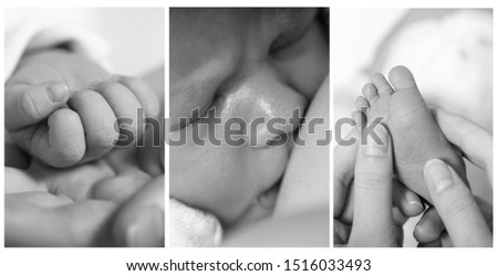 Newborn cute details baby care mom . Black and white photo set of three 