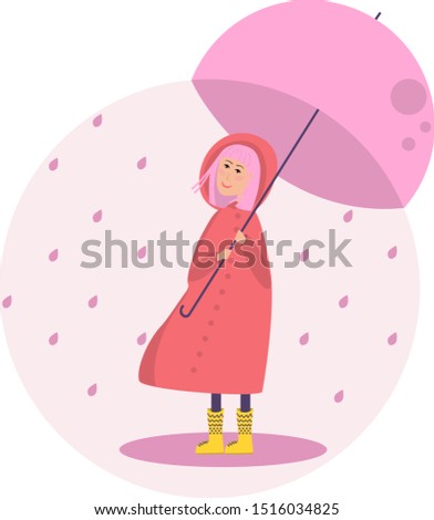 A girl with bright hair and a red coat is standing under an umbrella in the rain.