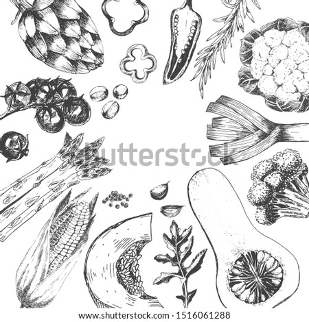 vector hand drawn vegetables background. flat lay organic vegetarian and vegan illustration. 
farming products including butternut squash, cauliflower, leek, tomato, artichoke, corn. home food design 