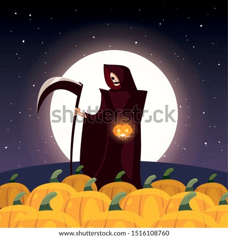 man disguised of death with moon in scene of halloween