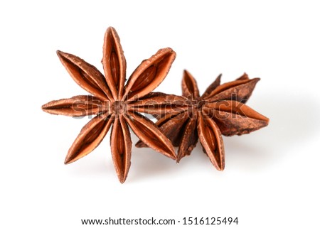 Star anise spice. Two dry star anise fruits isolated on white background with shadow. Macro close-up top view of illicium verum or chinese badiane.