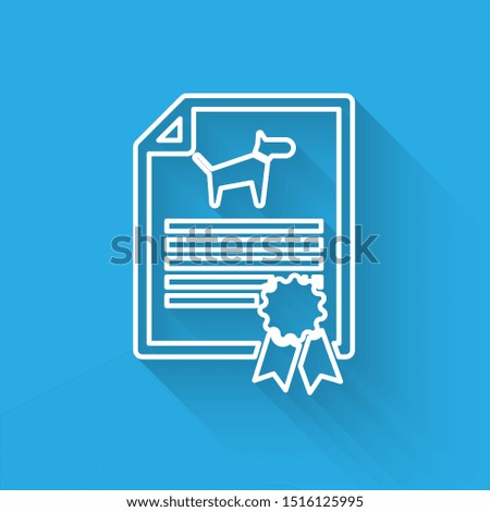 White Medical certificate for travel with dog or cat line icon isolated with long shadow. Document for pet. Dog or cat paw print