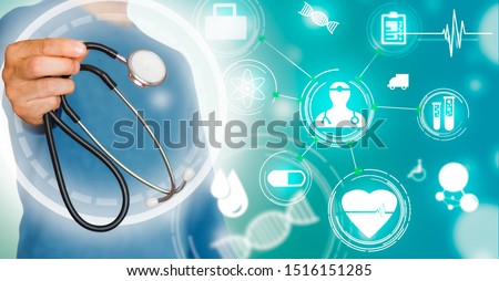 Doctor with stethoscope on green background with medical icons. Concept of health and health insurance