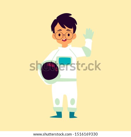 Cute little racer boy in uniform holding helmet cartoon character isolated flat vector illustration. Child plays as a race car driver dreams about future profession.