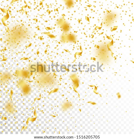 Streamers and confetti. Gold tinsel and foil ribbons. Confetti gradient on white transparent background. Beauteous paty overlay template. Beautiful celebration concept.
