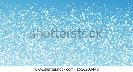 Beautiful falling snow Christmas background. Subtle flying snow flakes and stars on transparent blue background. Adorable winter silver snowflake overlay template. Posh vector illustration.