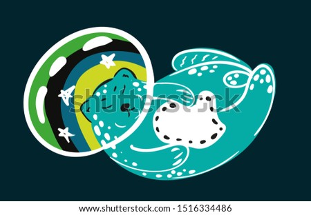 Cute cat astronaut in space, vector illustration. Sleeping kitten in a dark universe.  Funny design for kids.