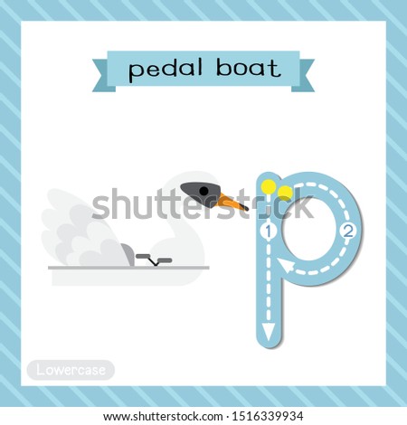 Letter P lowercase cute children colorful transportations ABC alphabet tracing flashcard of Pedal Boat for kids learning English vocabulary and handwriting Vector Illustration.